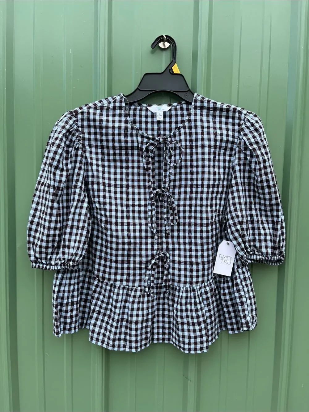 Women's L Blooming Blue Tie Front Peplum Top w/Short Puff Sleeves Size L